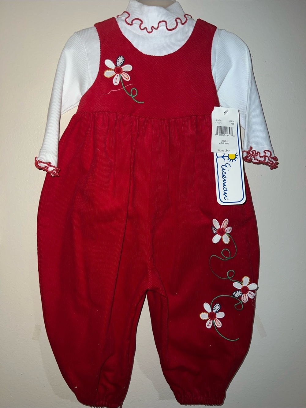 Florence Eiseman Red Floral Corduroy Bubble Baby Romper with White Ruffle Top